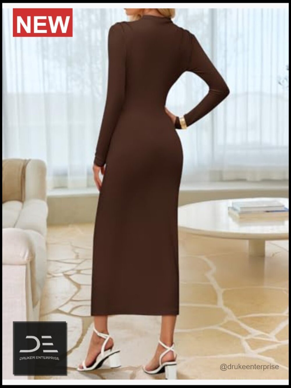 Long Sleeve Mock Neck Bodycon Midi Dress Cocktail Party Wedding Guest - Picture 4 of 7